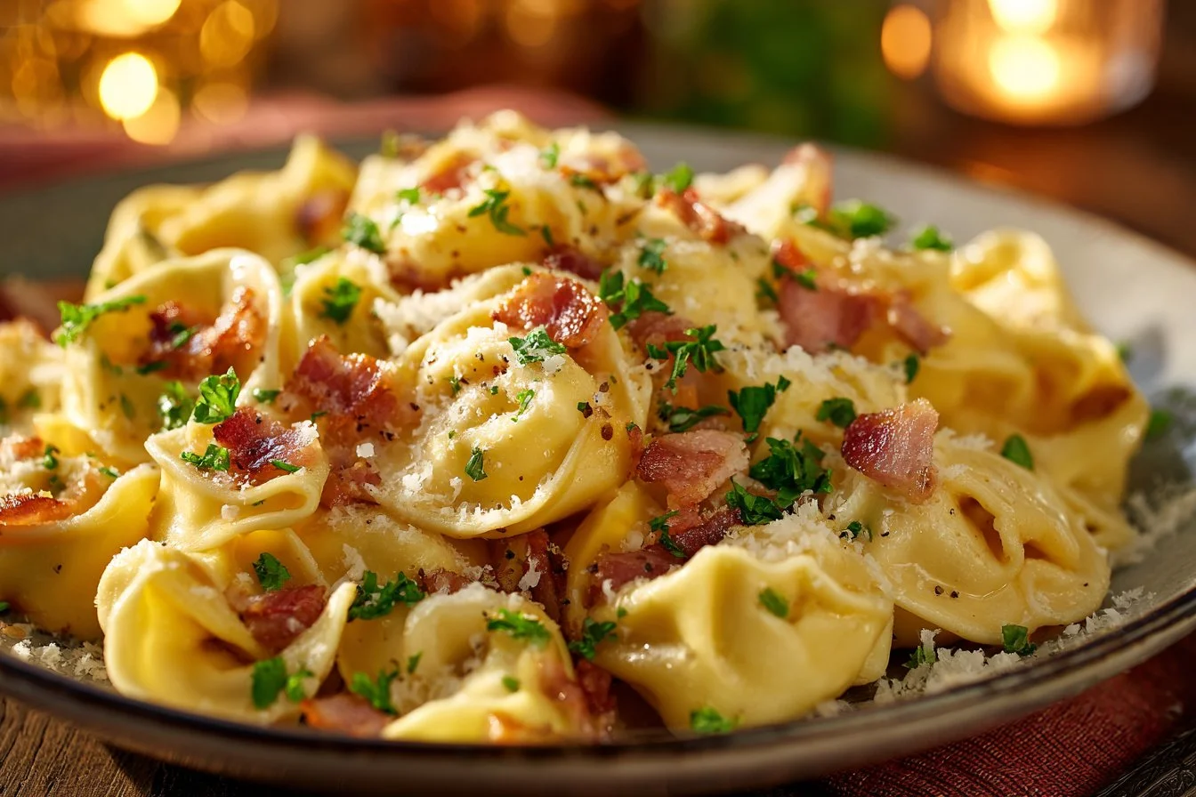 Bowl of creamy tortellini carbonara topped with crispy pancetta and parmesan cheese