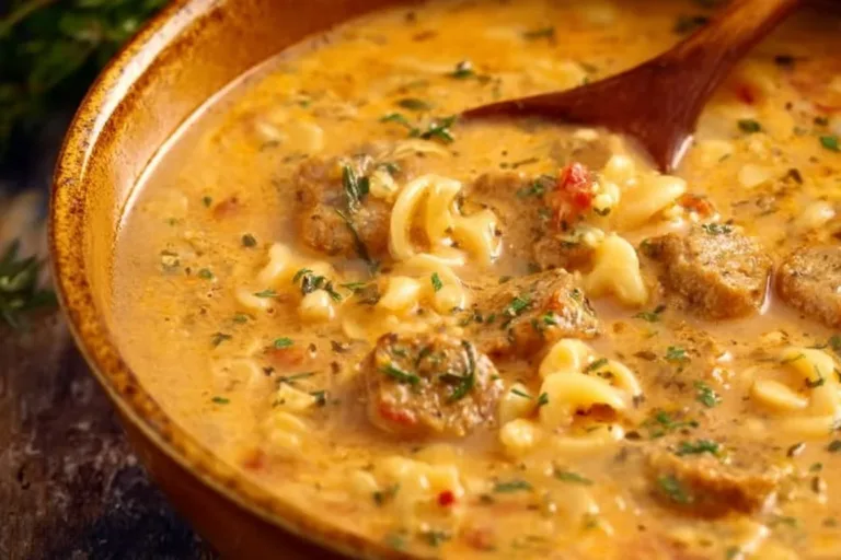 Creamy tortellini soup with sausage served in a bowl, garnished with fresh herbs.