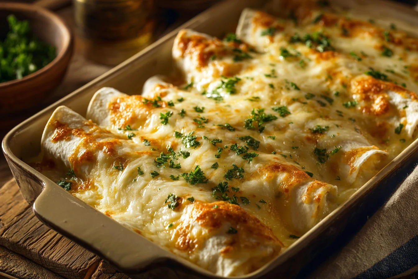 Creamy white chicken enchiladas topped with sauce and cheese