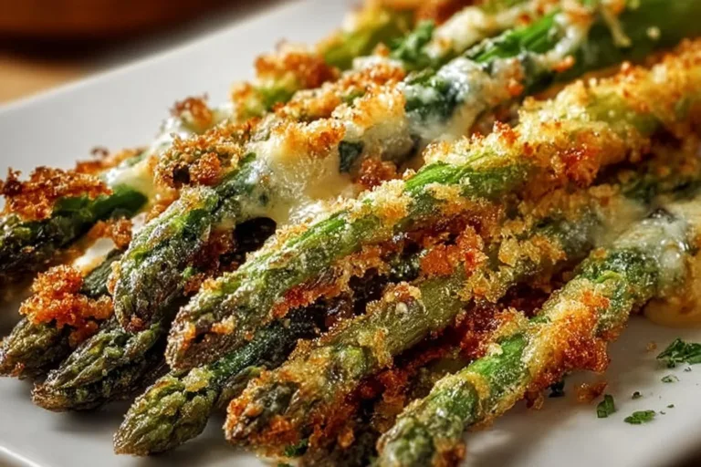 Crispy asparagus asiago spears on a white plate