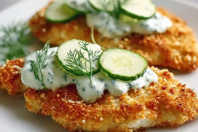 Crispy Dill Pickle Parmesan Chicken freshly baked and served on a plate