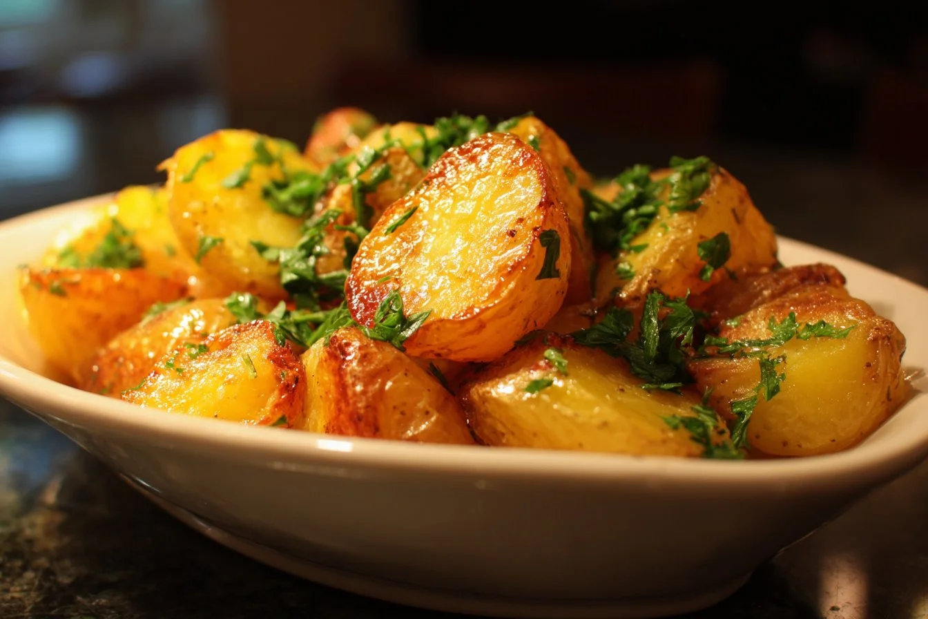 Plate of crispy Greek potatoes garnished with herbs