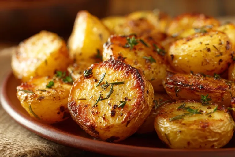 Crispy grilled potatoes served on a plate with herbs and seasoning