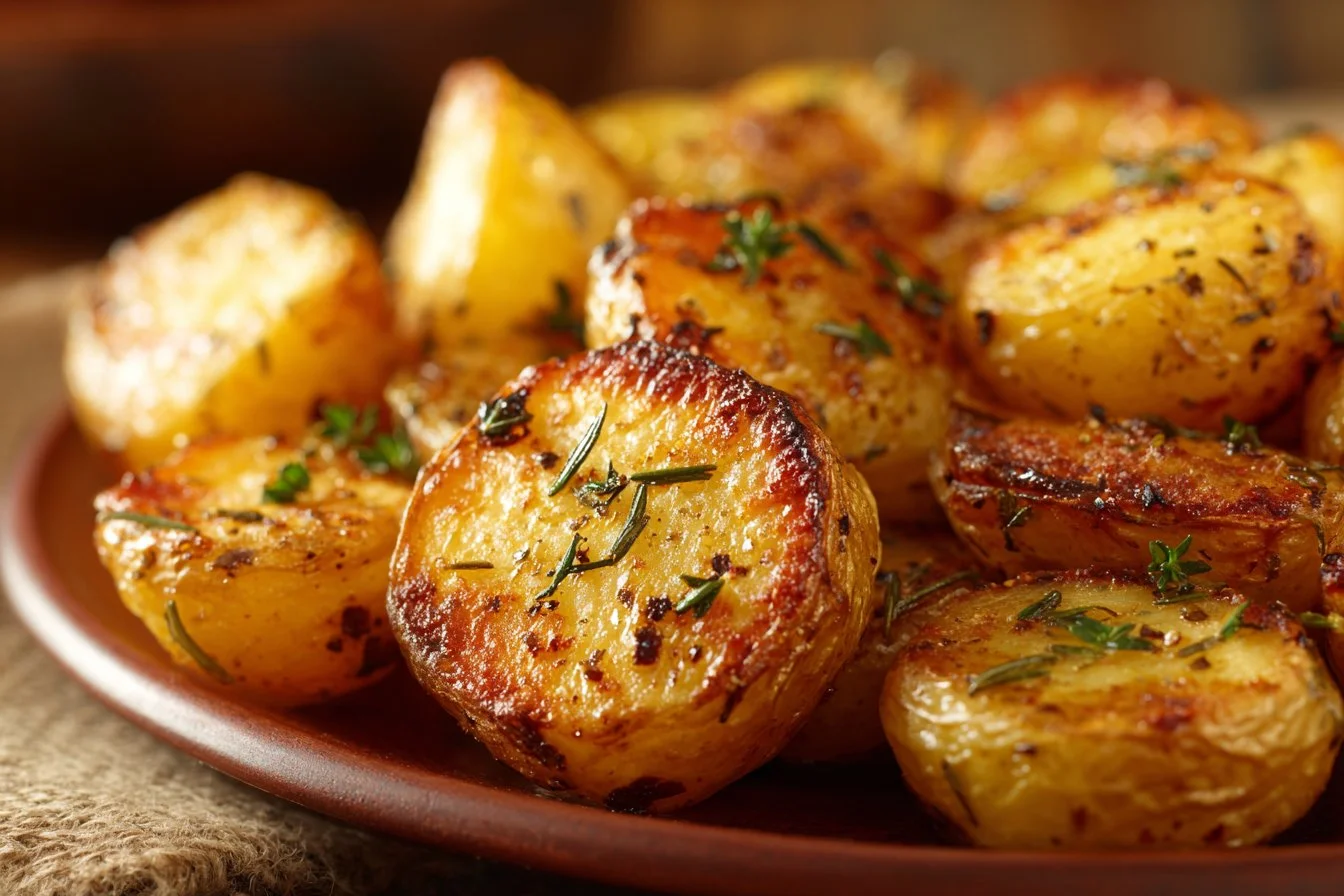 Crispy grilled potatoes served on a plate with herbs and seasoning