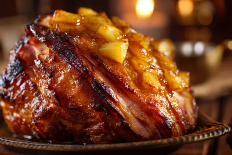 Crockpot Brown Sugar Pineapple Ham ready to serve with juicy glaze