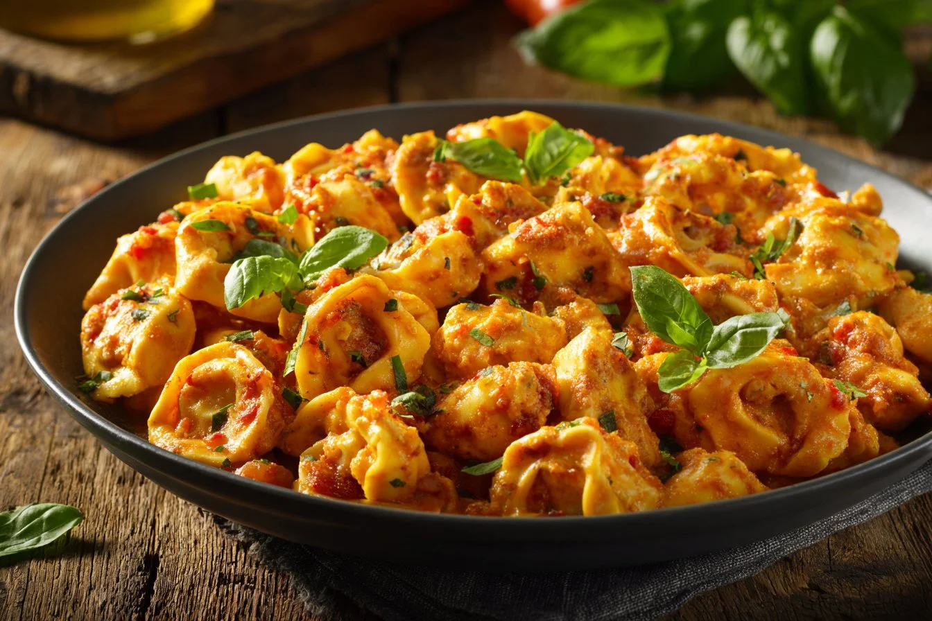 A bowl of creamy Crockpot Chicken Tortellini garnished with fresh herbs