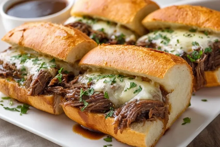 Delicious Crockpot French dip sandwiches served with au jus