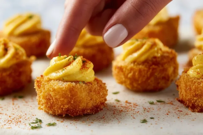 Delicious deep-fried deviled eggs with a crispy coating and creamy filling.