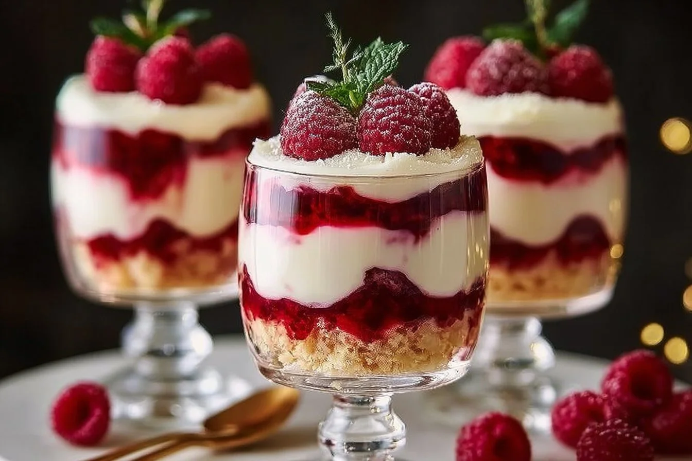 Delightful mini trifles with layers of fresh fruits and cream served in elegant cups.