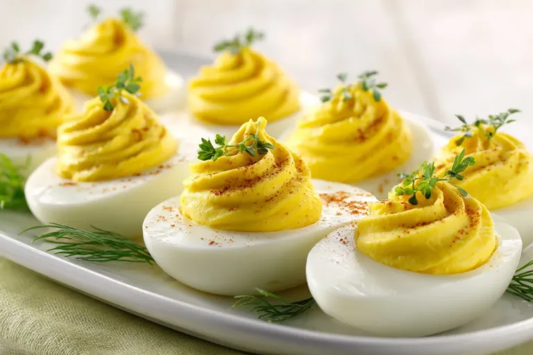 A plate of classic deviled eggs garnished with paprika and herbs.