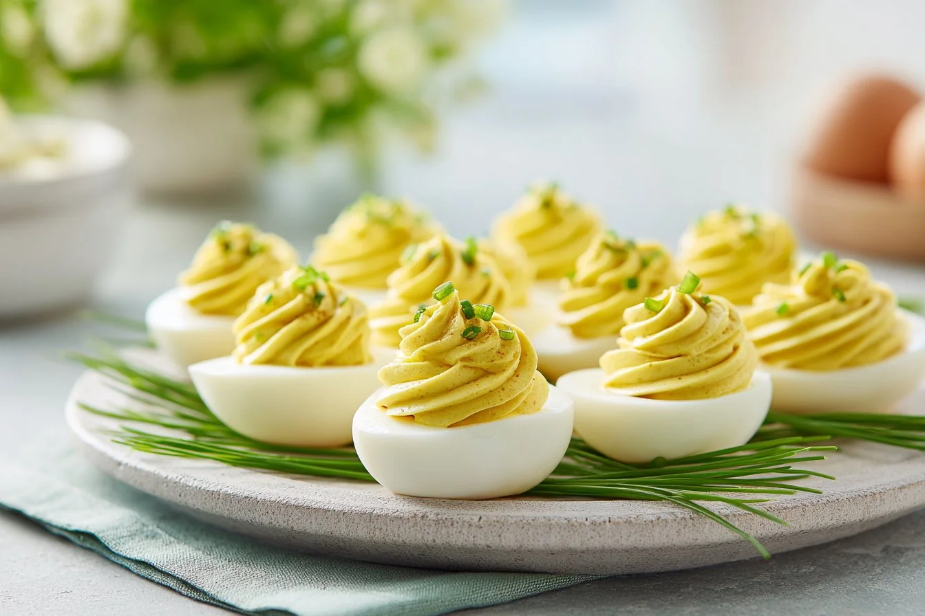 Delicious platter of homemade deviled eggs with garnishes