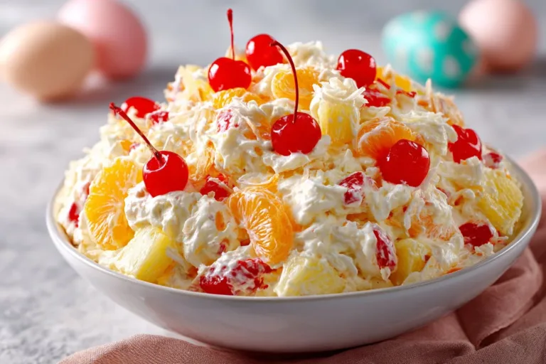 Colorful Easter ambrosia salad with fruit and marshmallows in a bowl