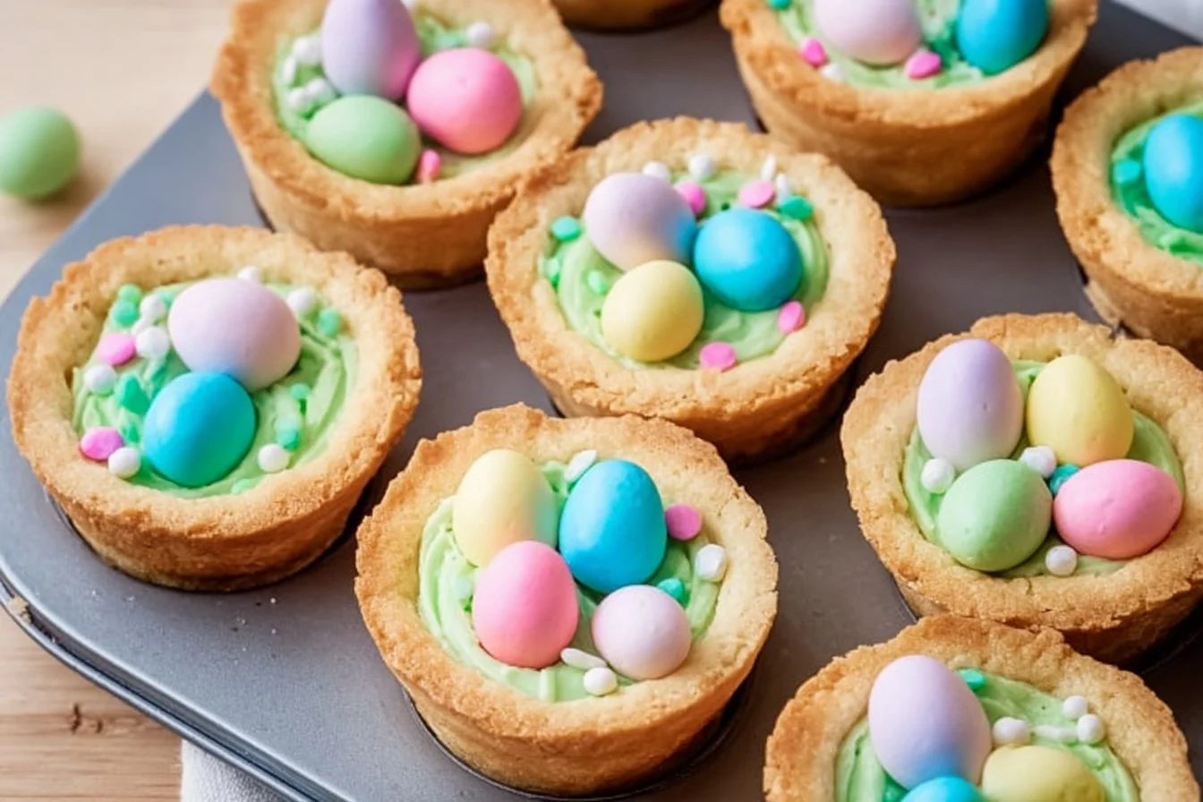 Easter Basket Sugar Cookie Cups are made in a muffin pan with prepared sugar cookie dough as the base.