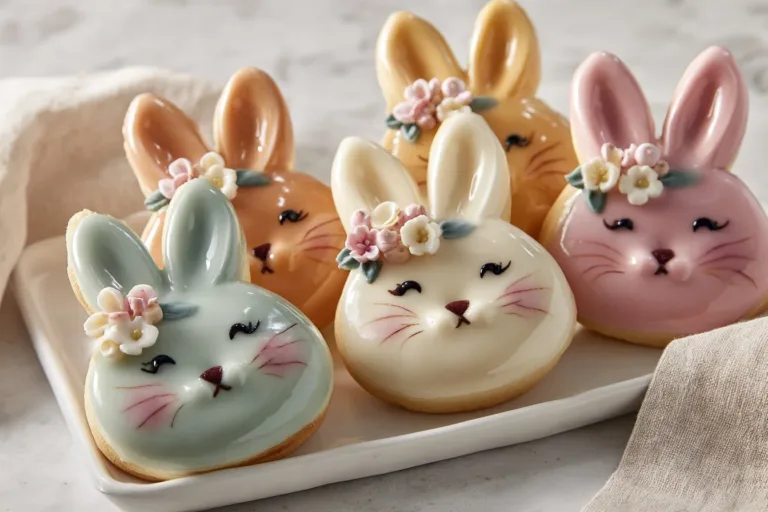 Easter Bunny cinnamon rolls decorated with icing and pastel colors