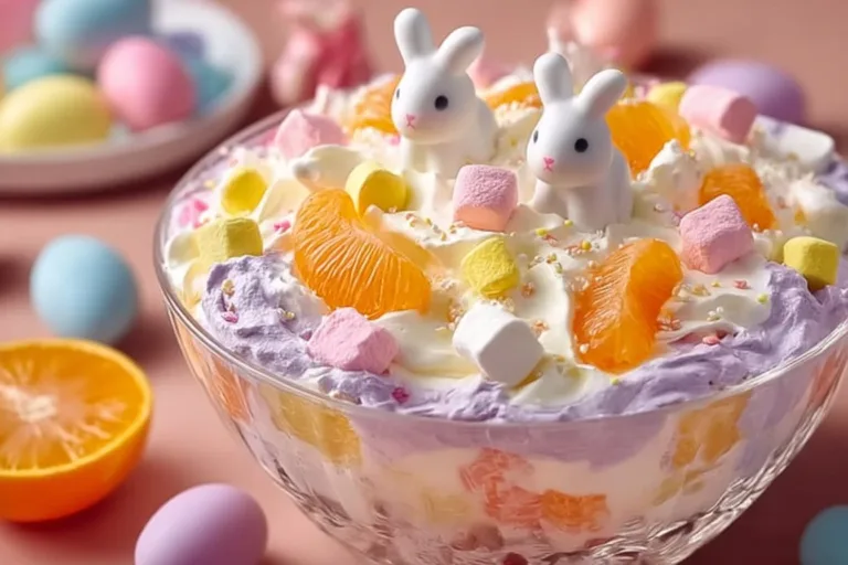 Colorful Easter Bunny fruit fluff dessert with fresh fruits and whipped cream