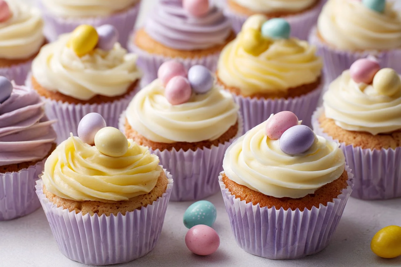 Colorful Easter cupcakes decorated with spring-themed toppings