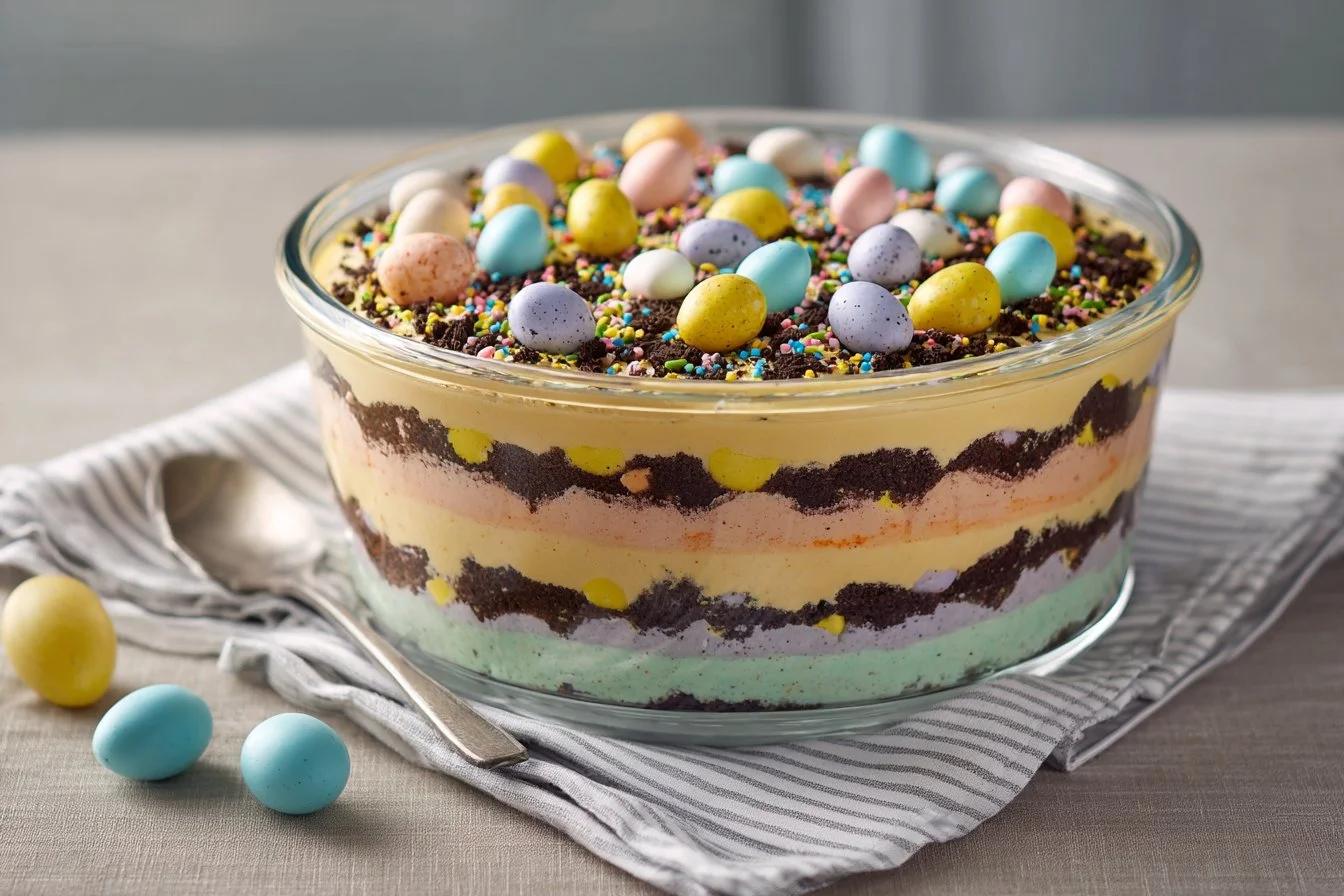 Easter Dirt Cake Casserole topped with candy and chocolate crumbs