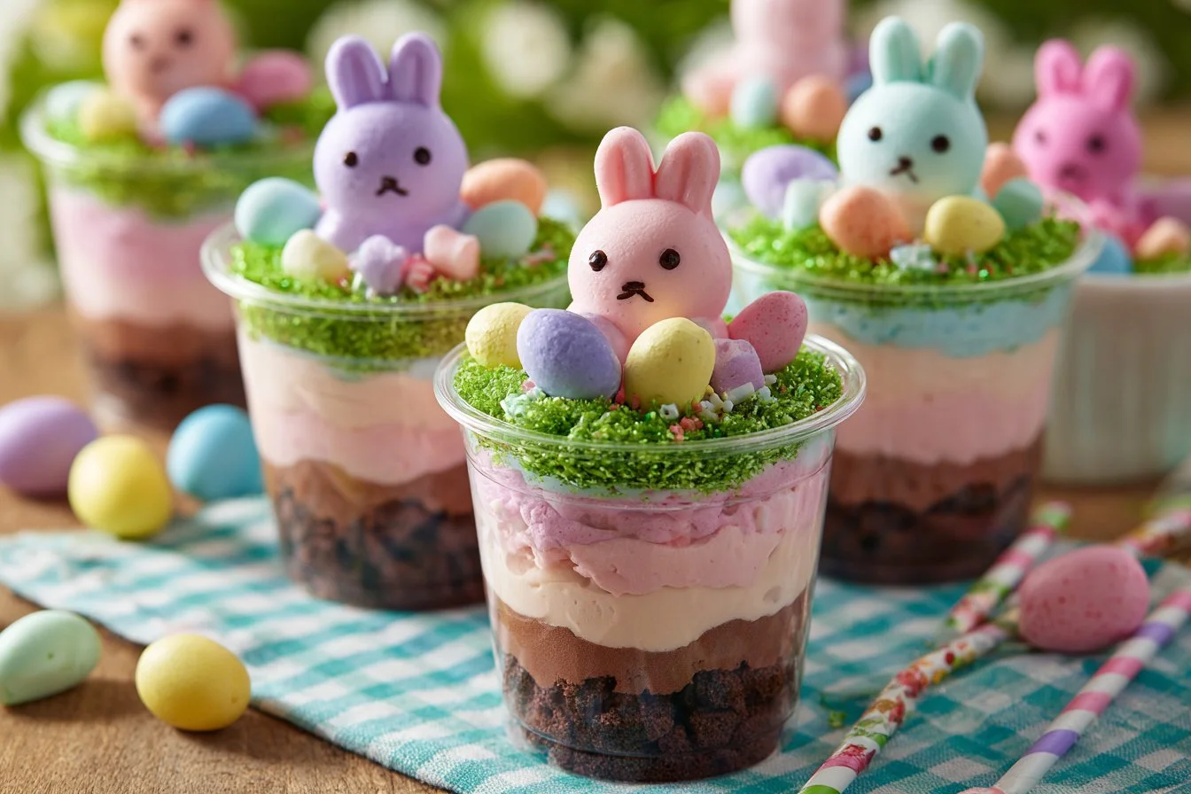 Colorful Easter Dirt Cups with candy and chocolate, a fun dessert for celebrations.