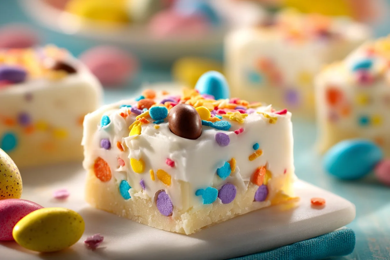 Colorful Easter Fudge squares on a spring-themed table.