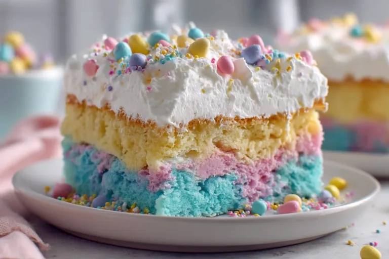 Easter Poke Cake topped with colorful frosting and Easter-themed decorations.
