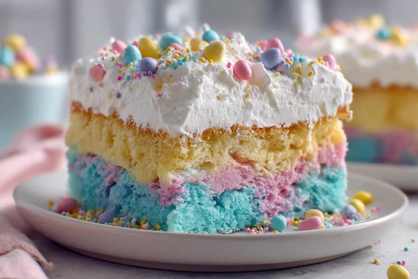 Easter Poke Cake topped with colorful frosting and Easter-themed decorations.