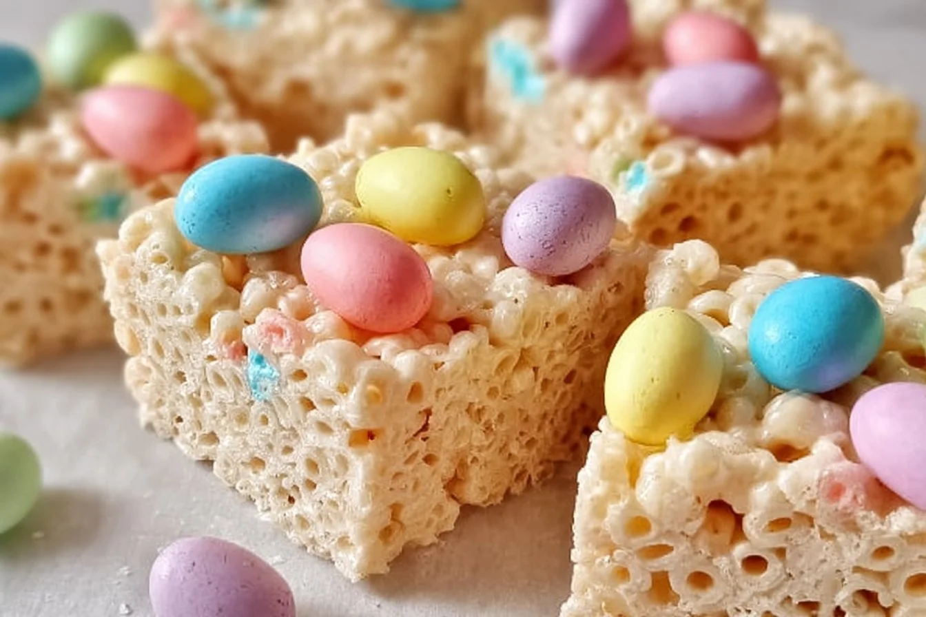Colorful Easter Rice Krispie Bars decorated for spring celebrations