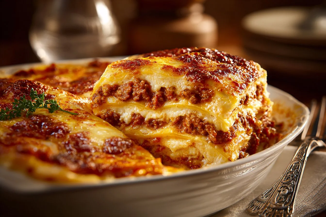 A delicious plate of easy cheesy lasagna topped with melted cheese and herbs.