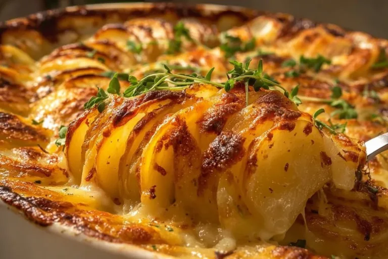 Baked dish featuring easy cheesy scalloped potatoes with cheese and cream.