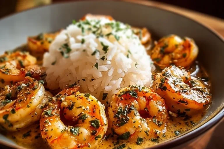 A delicious plate of easy creamy garlic shrimp garnished with parsley.