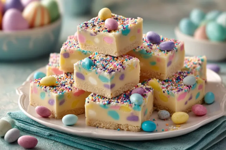 A colorful plate of easy Easter fudge with pastel decorations and Easter eggs.