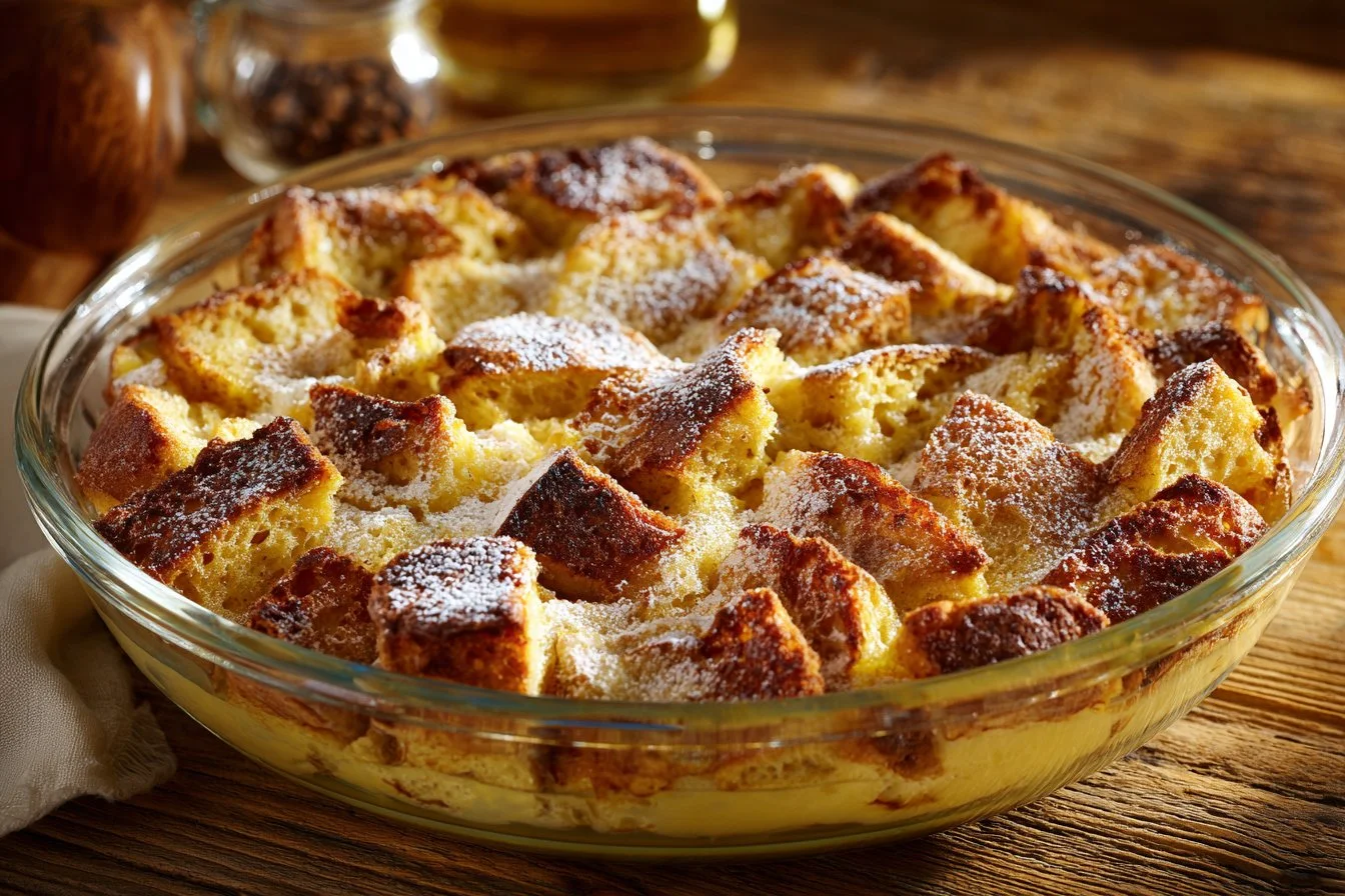 Delicious French toast bake served with syrup and fresh fruit