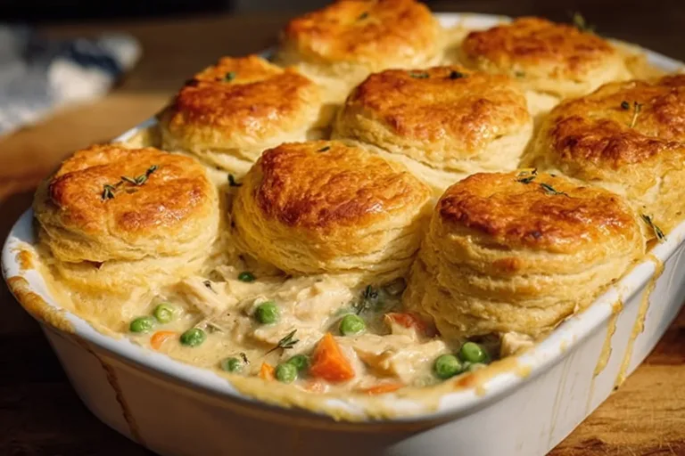 Easy homemade chicken pot pie casserole with flaky crust and creamy filling