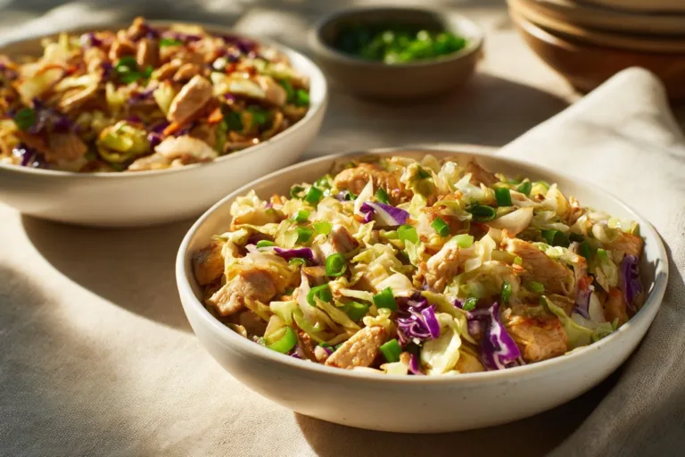 Delicious egg roll bowl with chicken, cabbage, and crunchy vegetables