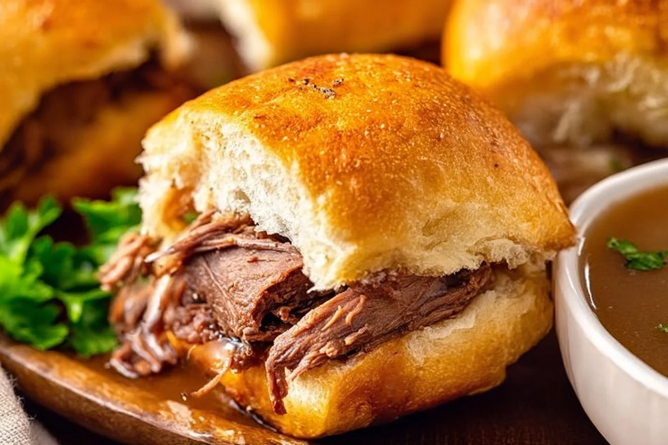 French Dip Sliders with tender beef and melted cheese on a platter.