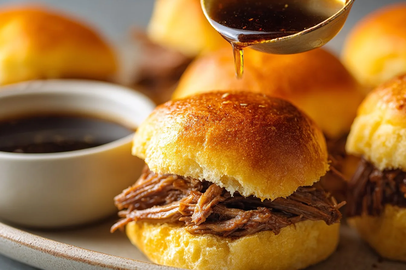 Delicious French Dip Sliders with beef and melted cheese served with au jus