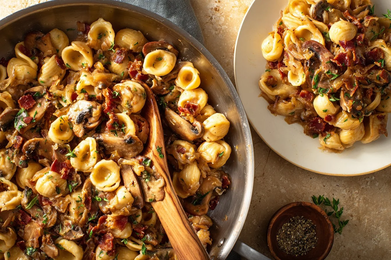Delicious French Onion Pasta garnished with herbs and cheese in a bowl.