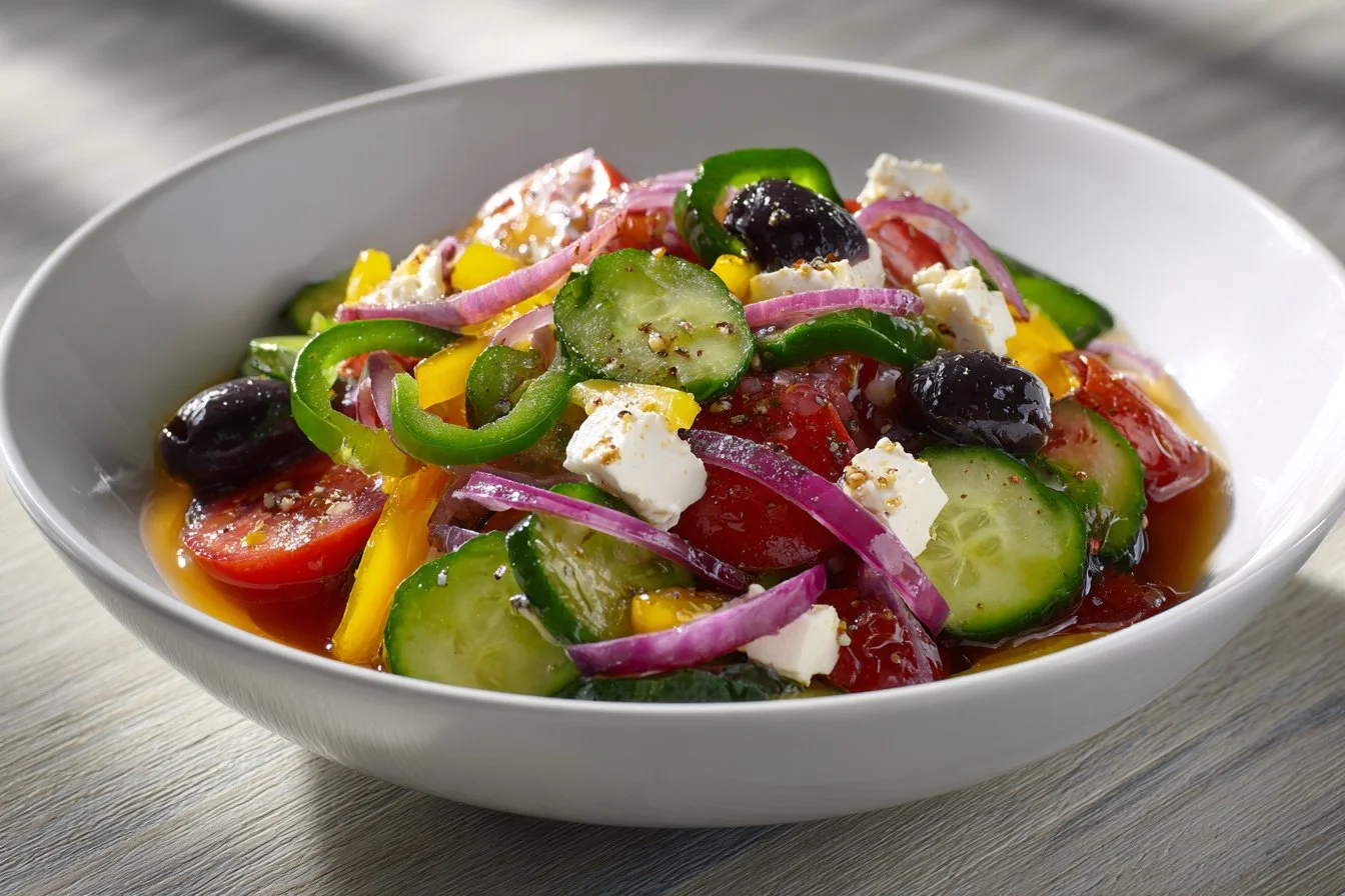 Fresh Greek salad with cucumbers, tomatoes, feta cheese, and olives served in a bowl.