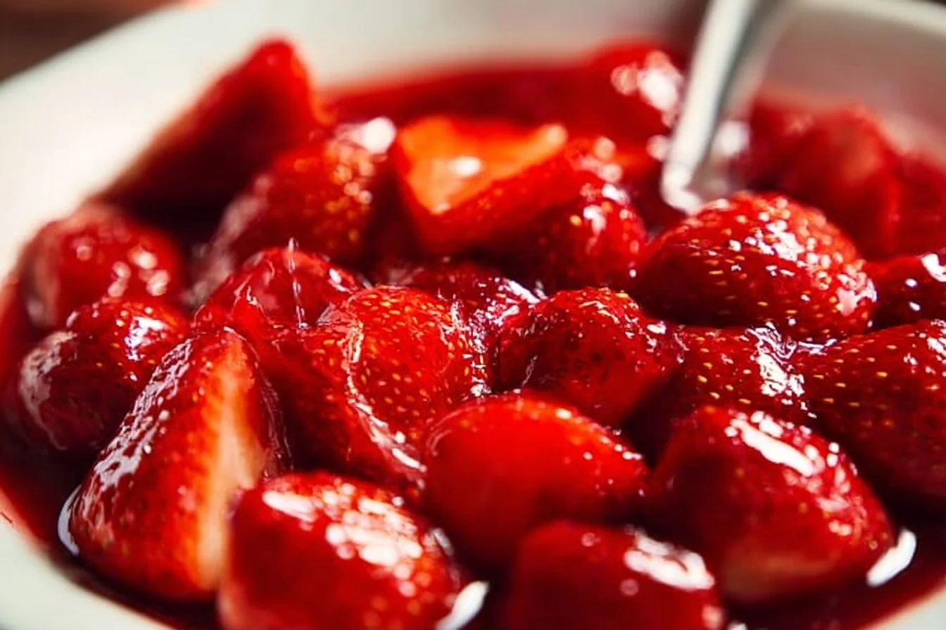 Delicious fresh strawberry sauce served in a bowl with strawberries