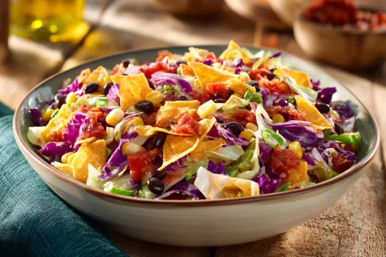 Frito Cowboy Cabbage dish featuring layers of savory ingredients, topped with Fritos.