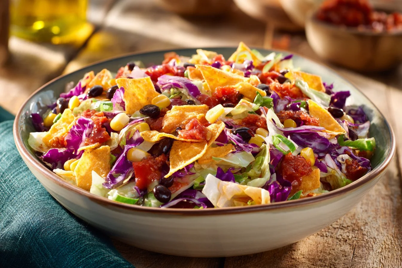 Frito Cowboy Cabbage dish featuring layers of savory ingredients, topped with Fritos.