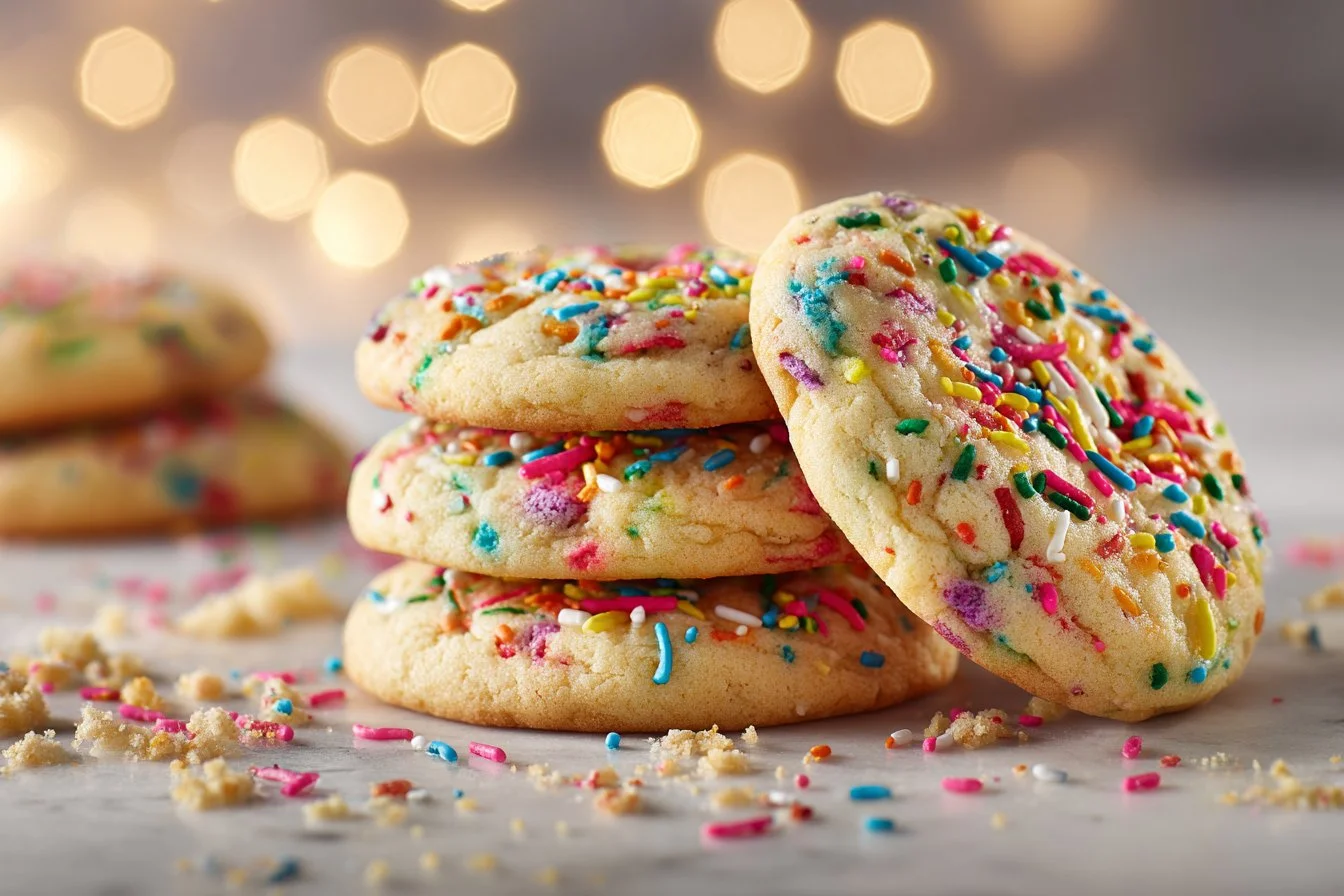Colorful Funfetti Cookies topped with sprinkles on a baking tray