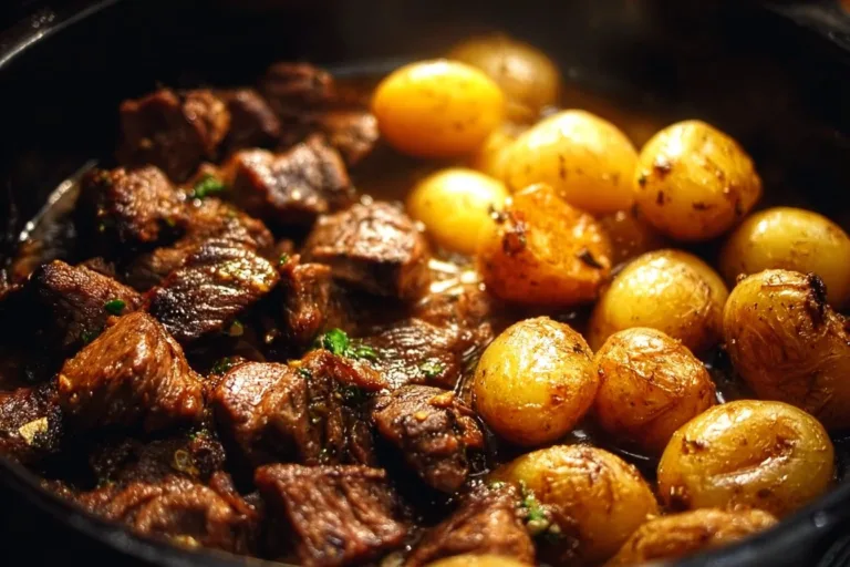 Delicious Garlic Butter Beef Bites served with crispy potatoes