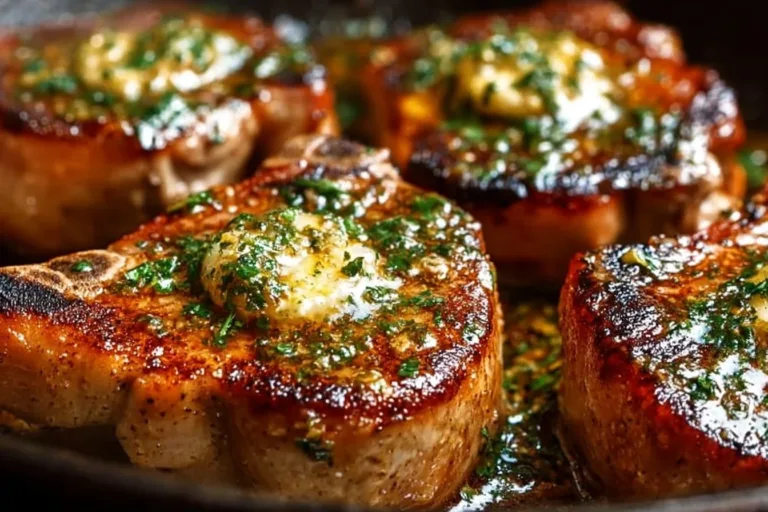 Garlic butter pan-seared pork chops garnished with herbs on a rustic plate