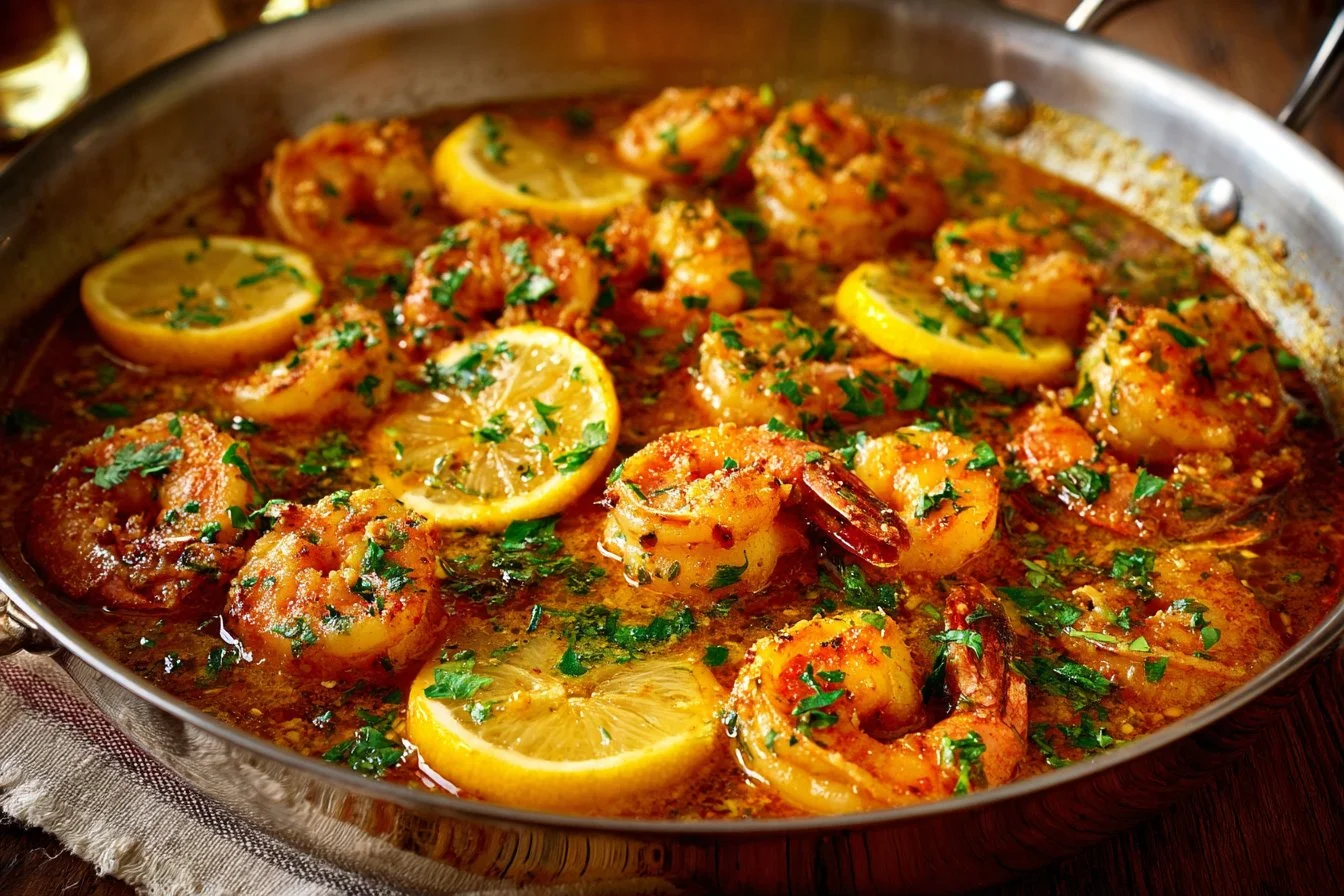 Delicious garlic butter shrimp served with fresh herbs and lemon.