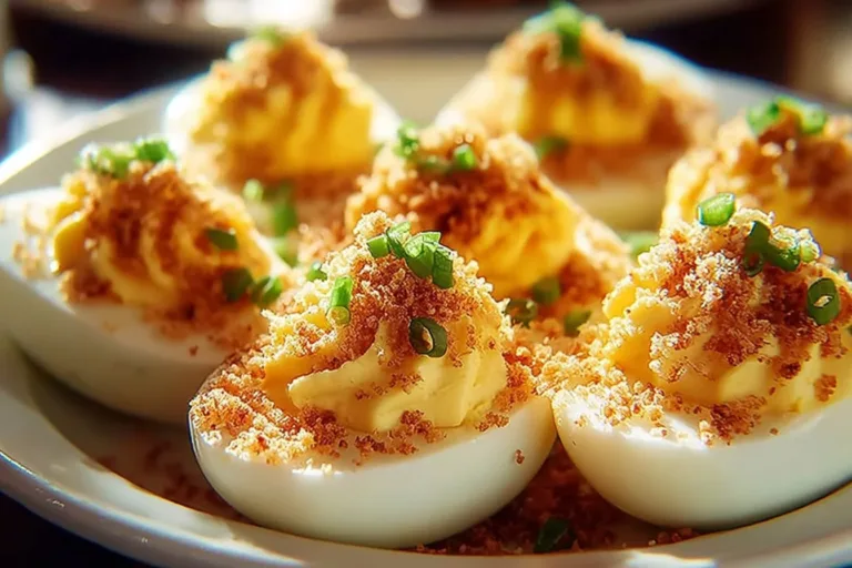 Delicious Garlic Parmesan Deviled Eggs served on a plate.