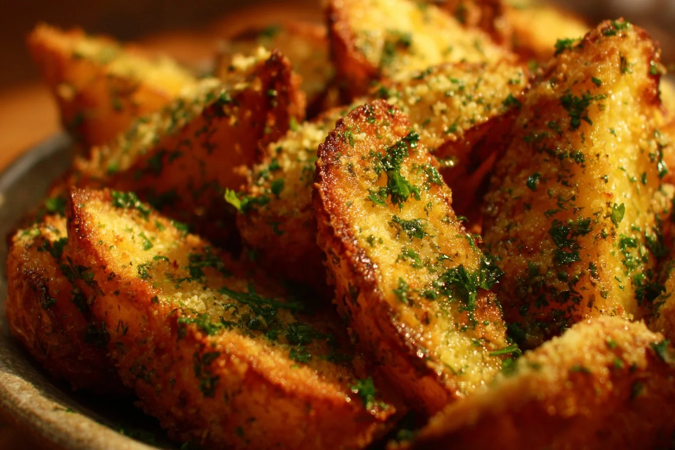 Garlic Parmesan Potato Wedges served in a bowl with herbs