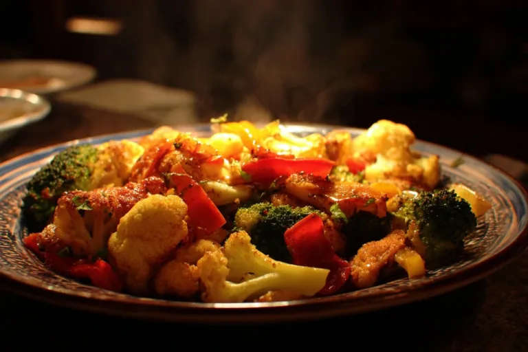 A colorful plate of garlic roasted vegetables including carrots, bell peppers, and zucchini