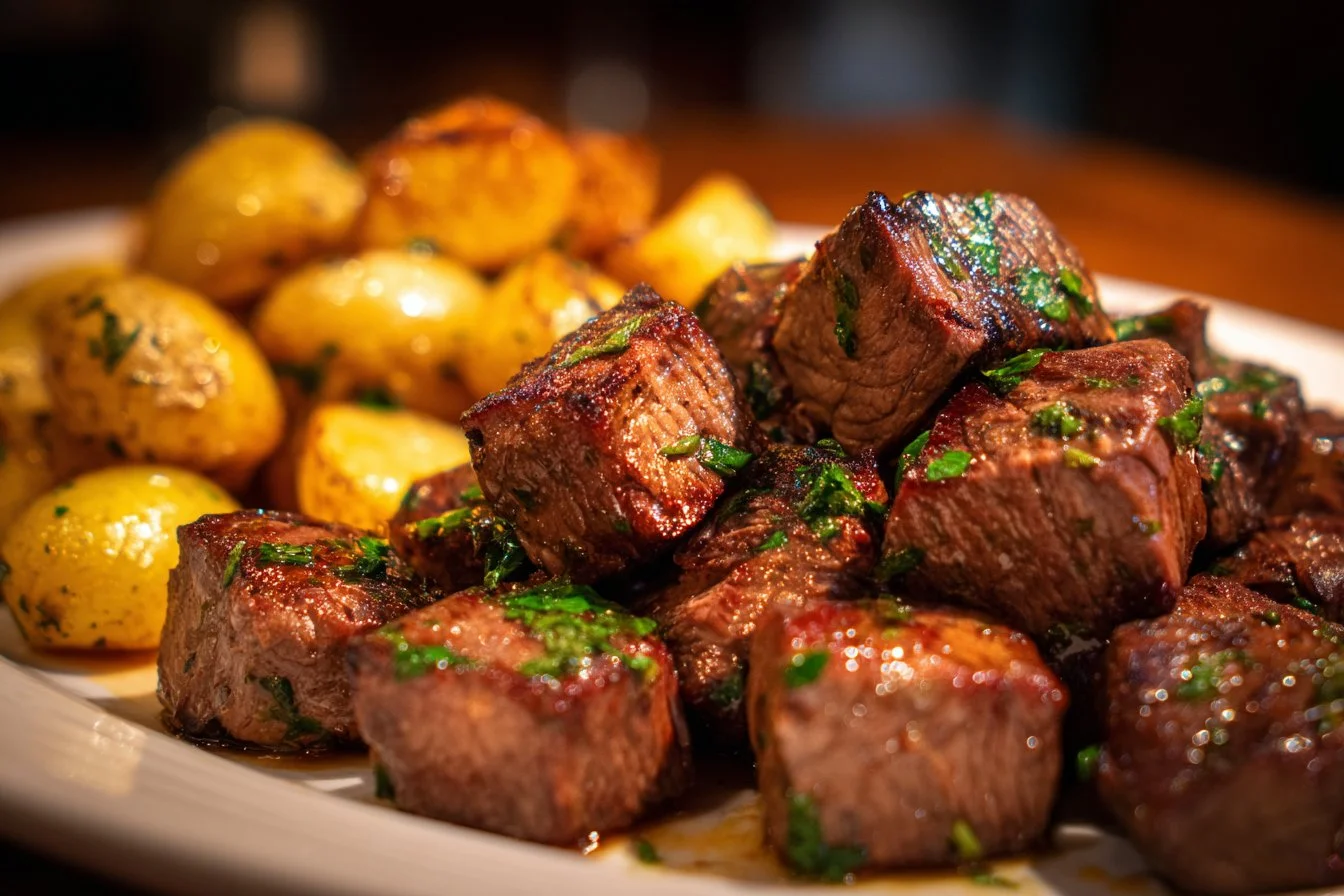 Delicious Garlic Steak Bites with seasoned potatoes on a plate