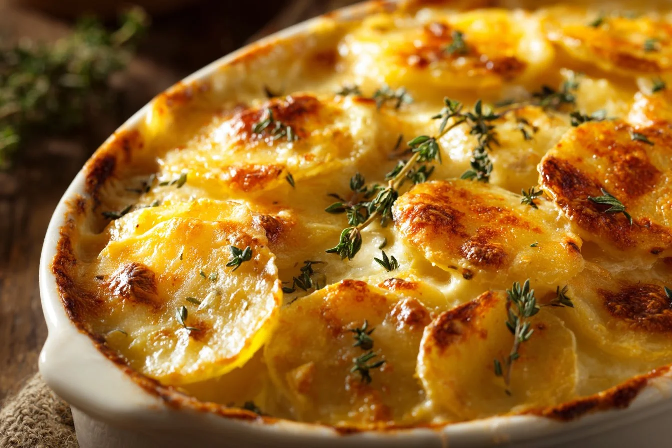 Deliciously baked gratin potatoes with cheese and herbs