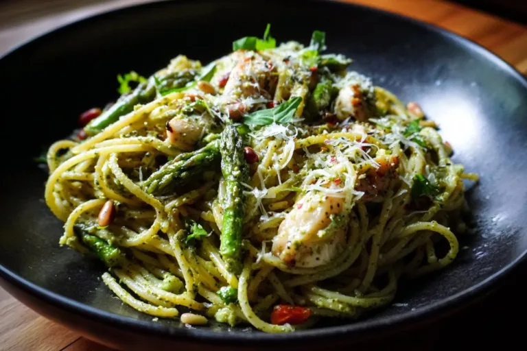 Delicious Grilled Chicken and Asparagus Pesto Pasta served in a bowl